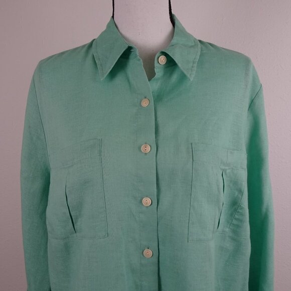Investments Linen Blouse Top Women's 14W Green Roll Tab Sleeves - Picture 2 of 10